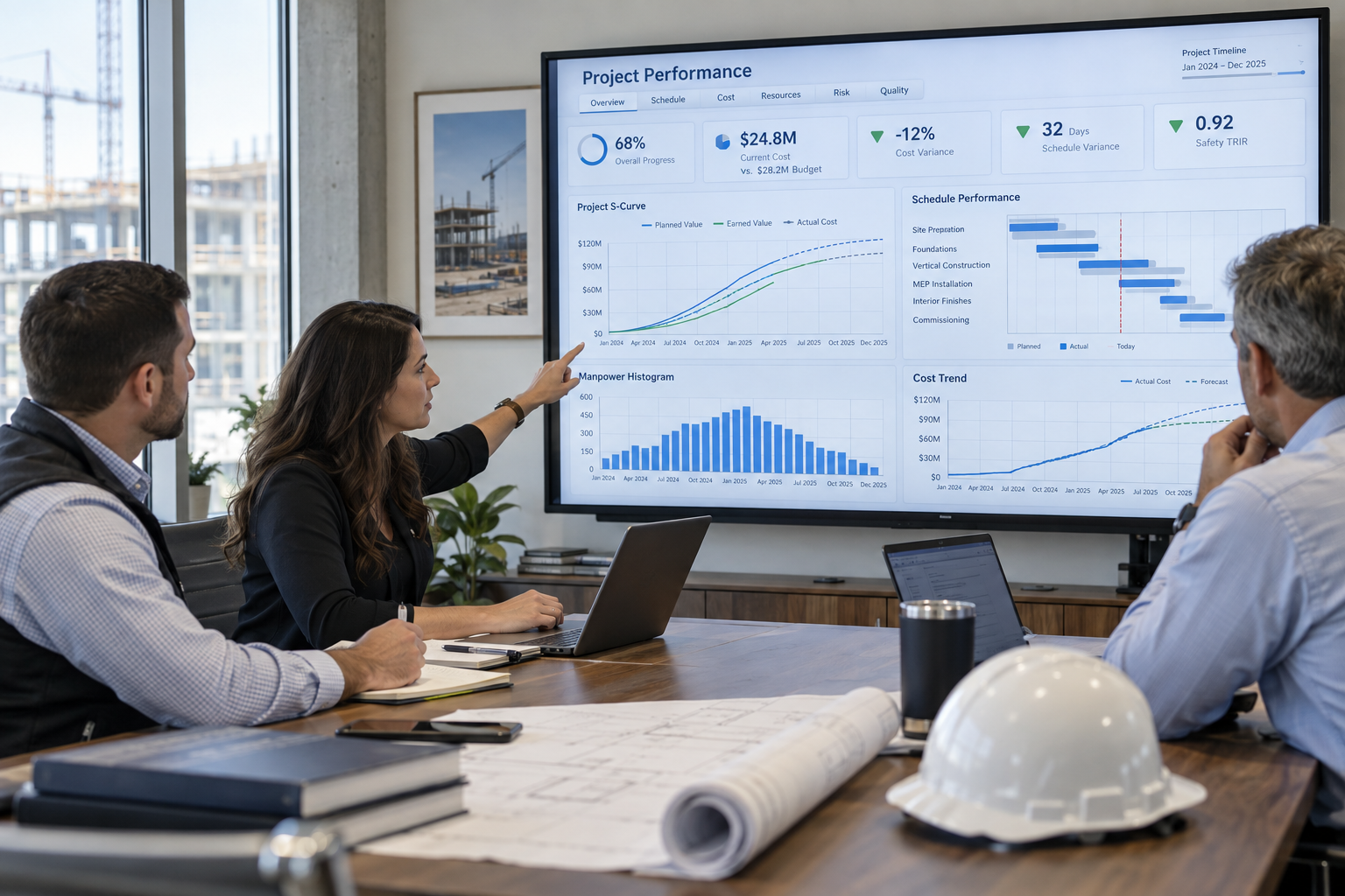 Project controls team reviewing schedule, cost, progress and manpower dashboards